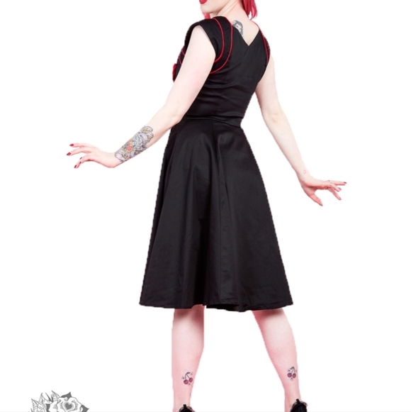 Hearts & Roses Black+Red Retro Inspired Pin Up Style Dress Bikercore Bow Size XS - Picture 6 of 14